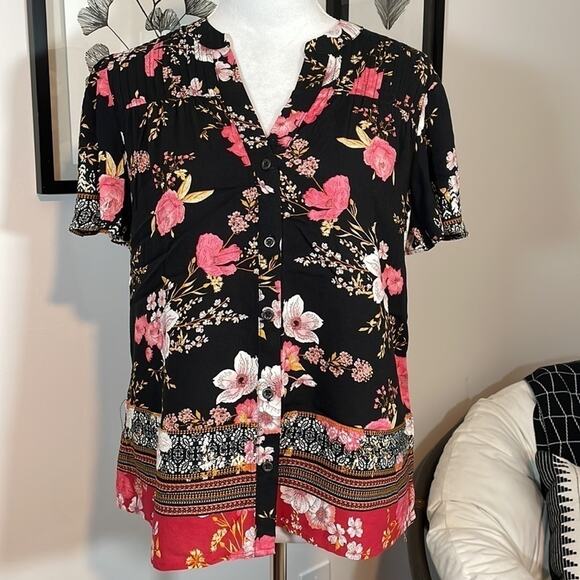 NWOT Knox Rose black floral button down tunic - Picture 1 of 6